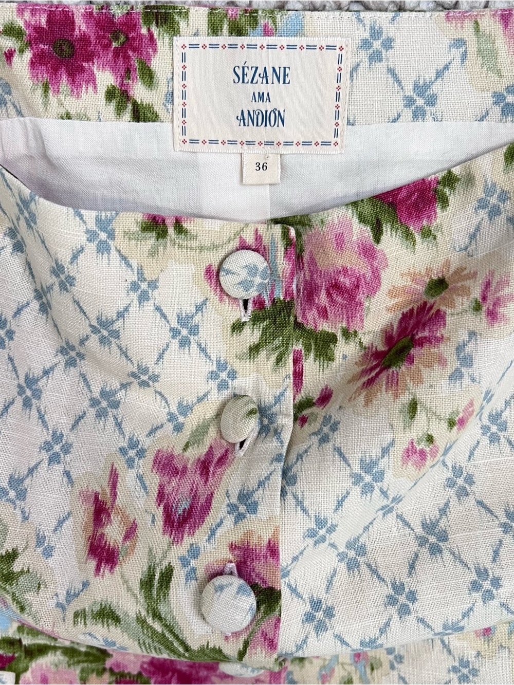 Sézane Floral Linen Vest Top & Skirt Set Zelinda Malia Cream Pink Sz 34 36 US 4 - Picture 4 of 13